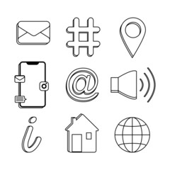 Web icon set. Flat symbols, website icon for computer and mobile. Vector illustration of thin line icons business, banking, contact us, social media, technology, logistic, 