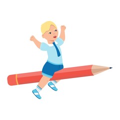 Cheerful boy is flying on a pencil. Back to school. Fun. The game. Childhood. Flying pencil. Comic. Cartoon style.