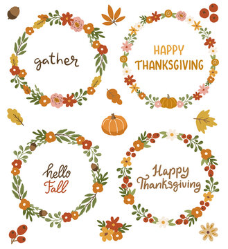 Fall Autumn set of vector hand drawn round frame wreaths, autumn leaves, pumpkin, flower, fall berries clipart. Happy Thanksgiving, gather, hello fall lettering typography