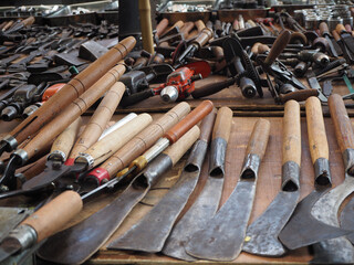 Second-hand flea market selling auto repair equipment. cheap tools