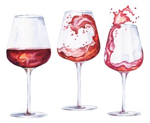 Watercolour red wine in glass. Watercolor food set, hand drawn illustration.