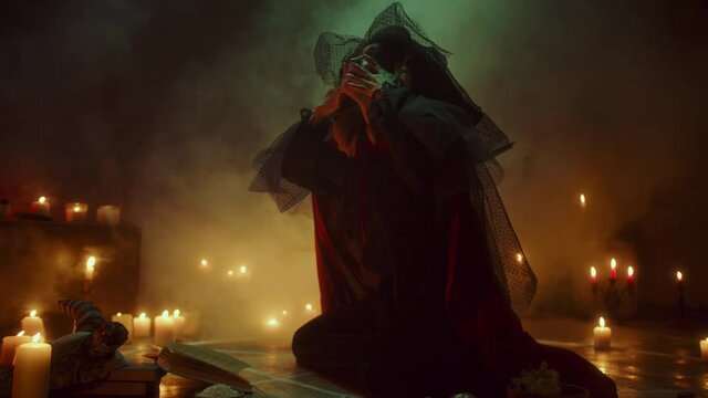 Witch woman sitting in pentagram circle and reading spell. Evil sorceress making rite and sacrifices at night, using black witchcraft, cow skull and candles on floor, full moon. Halloween concept. 