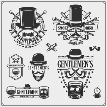 Gentlemen's Club. Set of emblems, icons of accessories.
