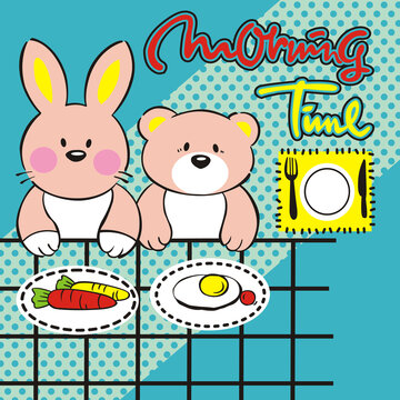 cartoon bear and bunny are preparing to have lunch together vector illustration
