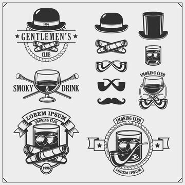 Gentlemen's Club. Set of emblems, icons of accessories.