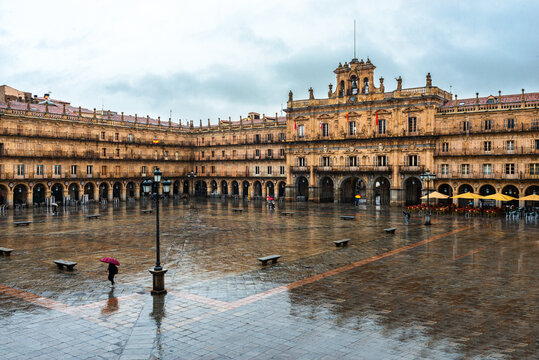 Main Square in raining day, Salamanca, Castile and Lion