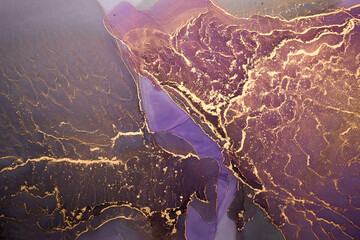 Luxury abstract background in alcohol ink technique, purple gold liquid painting, scattered acrylic blobs and swirling stains, printed materials