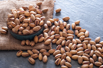 Delicious turkish pistachios in clay bowl