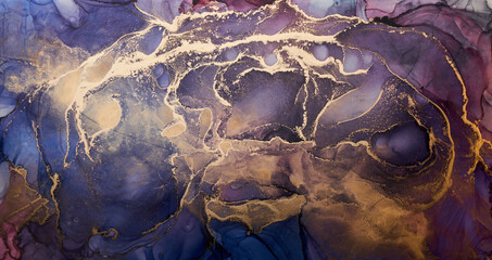 Luxury colorful abstract background in alcohol ink technique, golden liquid painting marble texture, scattered acrylic blobs and swirling stains, printed materials