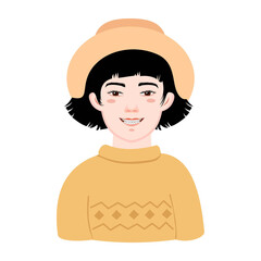 Face of an Asian girl with braces. Vector portrait of a smiling girl in a sweater and hat.