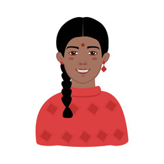 Face of an Indian girl with braces. Vector portrait of a smiling girl in a red sweater.