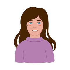 Girl's face with braces. Vector portrait of a smiling brunette girl in a sweater.