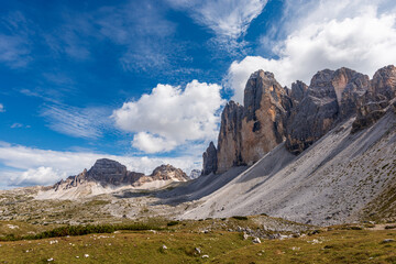 Drei Zinnen or Tre Cime di Lavaredo (three peaks of Lavaredo), north face, and Monte Paterno or Paternkofel, Sesto Dolomites (Dolomiti di Sesto), Trentino-Alto Adige and Veneto, Italy, Europe.
