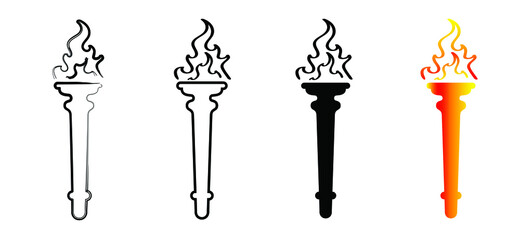 Cartoon torch withe flame. Flaming Torchs pictogram. Burning fire or flame logo. Sport fire sign. Competitions, champion, sports game or freedom torches with flames icon. 