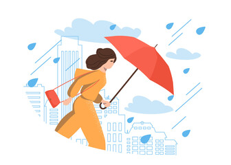 Young modern woman with umbrella under the rain on the background of the cityscape. Autumn, rain, wind, weather forecast. Autumn clothes and umbrellas, respect for  atmospheric phenomena. Vector.