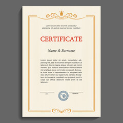 Certificate or diploma vertical template. Vintage vertical gold frame on a plain security mesh background. Gratitude, victory, reward. Vector illustration.