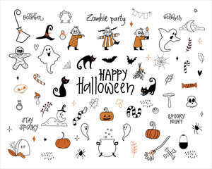 Happy Halloween. Big set of doodle style elements for your designs.