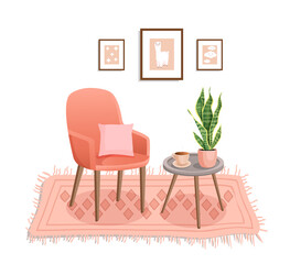 Cute interior with modern furniture and plants. Design of a cozy room with soft armchair, pillow, table, plants, coffee, wall pictures, carpet. Living room interior. Vector flat style illustration.