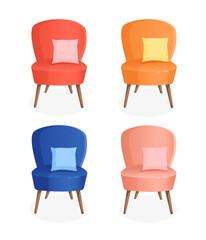 Obraz premium Set of cozy chairs and pillows on an isolated white background. Vector illustration of a home chair for the interior. Modern furniture for living room, bedroom, lobby. Icon, element.