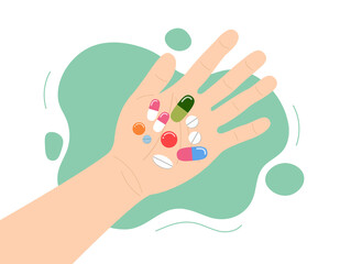 Taking pills. Medicines in hand. Palm top view and colorful medicines. Illness treatment concept. Vector illustration