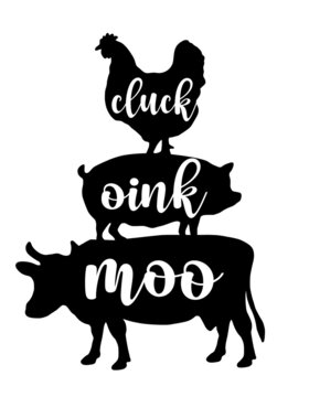 Cluck oink moo - Happy Harvest fall festival design for markets, restaurants, flyers, cards, invitations, stickers, banners. Cute hand drawn hayride or old pickup truck with farm animals. 