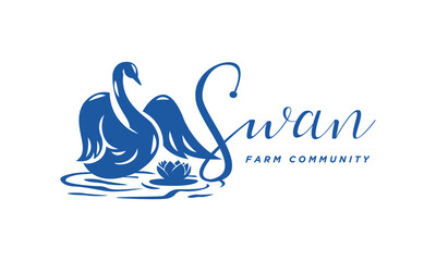 Swan Logo Design - Isolated vector Illustration on white background - Beautiful character, icon, symbol, badge, emblem of swan on the pool - obrazy, fototapety, plakaty