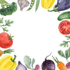 Watercolor frame with various vegetables.
