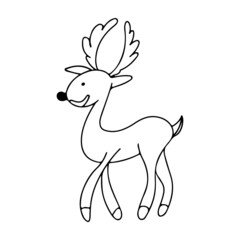 Hand drawn funny deer with antlers. Cute doodle isolated on white background. Vector illustration of a Christmas animal