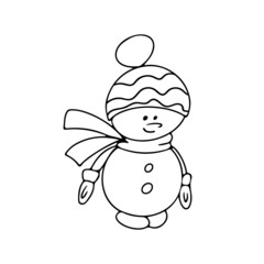 Hand drawn funny snowman in a hat, scarf and mittens. Cute doodle isolated on white background. Christmas vector illustration