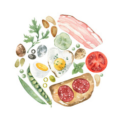 Set with breakfast products. Toast, bacon, scrambled eggs, quail eggs, herbs, vegetables, olives and nuts. Handmade watercolor illustration, on a white background. Perfect for menu, design 