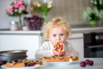 Cute little toddler child, eating homemade plum pie at home - Powered by Adobe