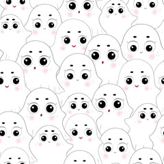 Halloween ghosts pattern. Funny ghost print. Halloween characters. Cartoon ghosts, spooky phantoms texture. Halloween flying spirit, boo. Phantom kawaii style background. Repeat seamless backdrop.