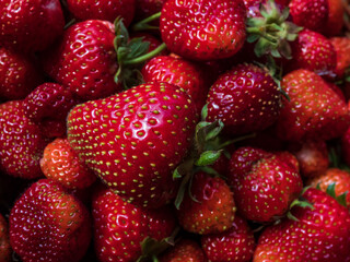 Macro shot of detailed, red, ripe strawberries with green leaves. Fruit and food background