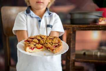 Tasty good looking homemade plum pie on an old table in kitchen
