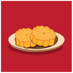 Moon Cake vector illustration, placed on a plate on red background, Chinese temple celebration, Mid-Autumn Day, festival