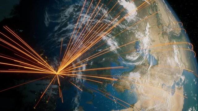 Earth in Space. Orange Lines connect Paris, France with Cities across the World. Worldwide Travel or Business Concept.