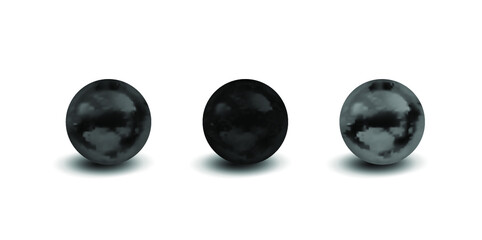 Vector Set of Black Spheres, Different Textures, 3D Balls with Shadows Isolated on White Background, Black Color. 