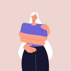 The concept of love and careful attitude to yourself. The girl hugs herself by the shoulders. Taking care of mental and physical health. Flat vector illustration is good for social media, covers.