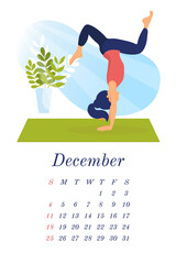 Vertical calendar, page calendar for winter. Yoga calendar for December 2022. Beautiful woman does yoga, sports at home, gym. Picture for each month. Vector template, ready for printing