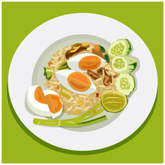 Illustration Vector Gourami fried rice, salted egg, Fried rice with crispy gourami fish, vegetables, lemon, 
carrots, placed on a plate on a green background