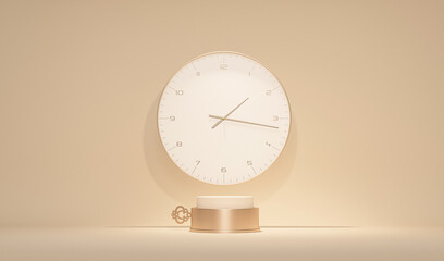 Minimal stage with clock and podium wind up clockwork , abstract background. Pastel cream and beige colors. Trendy 3d rendering for social media, cosmetics trade show, time concept, studio
