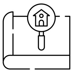 House building under magnifying glass, icon of search home