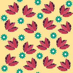 Yellow Background Decorated With Leaves And Flowers.