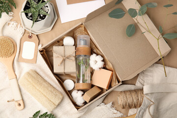 Fototapeta na wymiar Flat lay composition with eco friendly personal care products on table