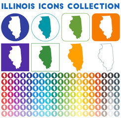 Illinois icons collection. Bright colourful trendy map icons. Modern Illinois badge with us state map. Vector illustration.