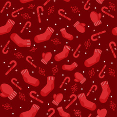 Red Seamless Pattern Background Decorated With Socks, Gloves, Candy Cane And Snowflakes.