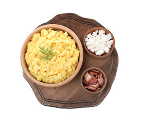 Tasty banosh with brynza and pork cracklings on white background, top view. Traditional Ukrainian dish