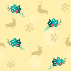 Yellow Seamless Pattern Background With Silhouette Reindeer, Snowflakes, Berries And Leaves.