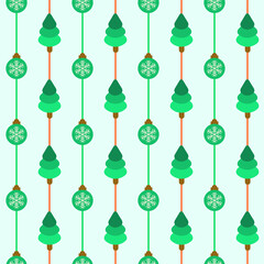 Green Xmas Tree And Baubles Seamless Pattern Background.