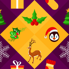 Christmas Theme Seamless Pattern Background In Yellow And Purple Color.